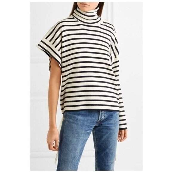 Balenciaga One Shoulder Ecru/Blue Striped Turtleneck Sweater, Sz 6 (US) 38 (EU) - Picture 1 of 12
